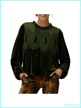Long Sleeve Velvet Top with Lace Trim Puff Sleeve Flowy Blouse